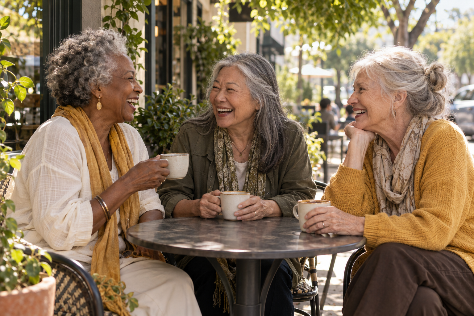 Older women sharing coffee and laughter at an outdoor café