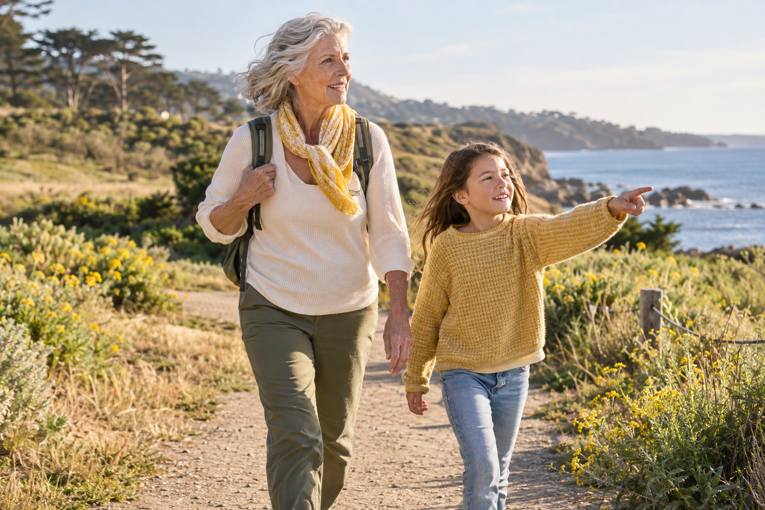 A grandmother and grandchild exploring a sunlit coastal park together