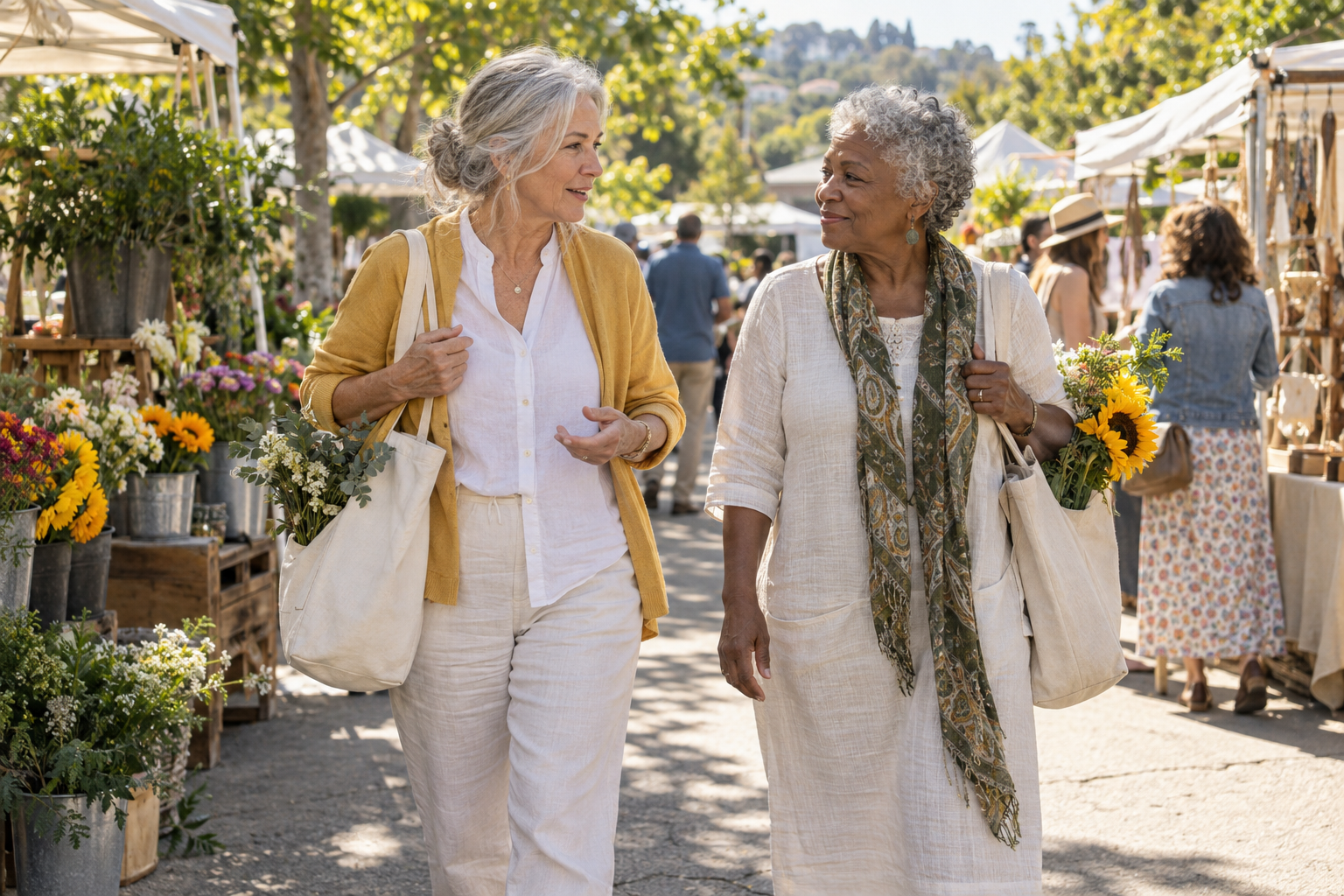 Two older women enjoying a morning walk through a neighborhood market